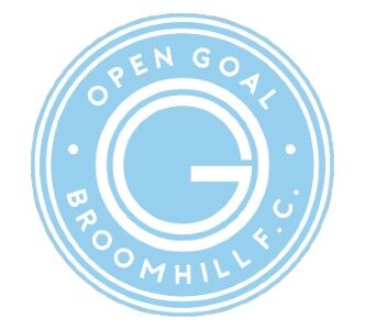 Round logo in light blue and white with text Open Goal Broomhill FC