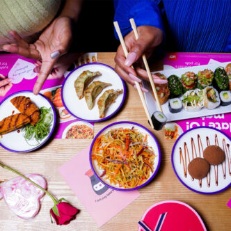 top view of a group of friends enjoying YO! food