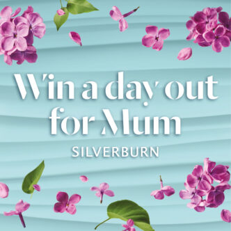 Teal wave patterned background with falling purple hydrangea petals and leaves. White text reads 'Win a day out for Mum'